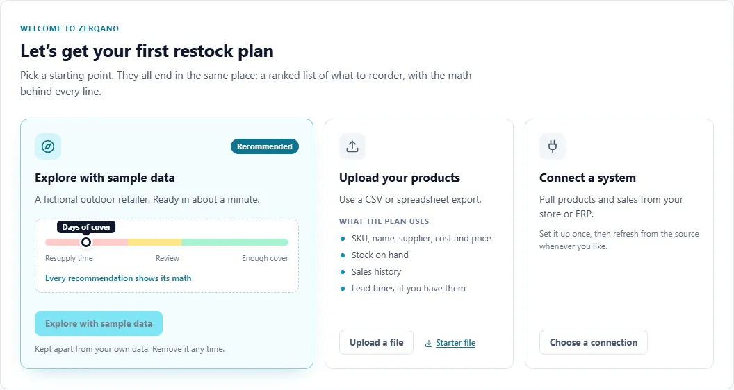 The first-run screen offering three ways to bring in data: sample data, a file upload, or a connection.